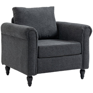 Vintage upholstered armchair with rolled armrests and rubberwood legs, dark gray
