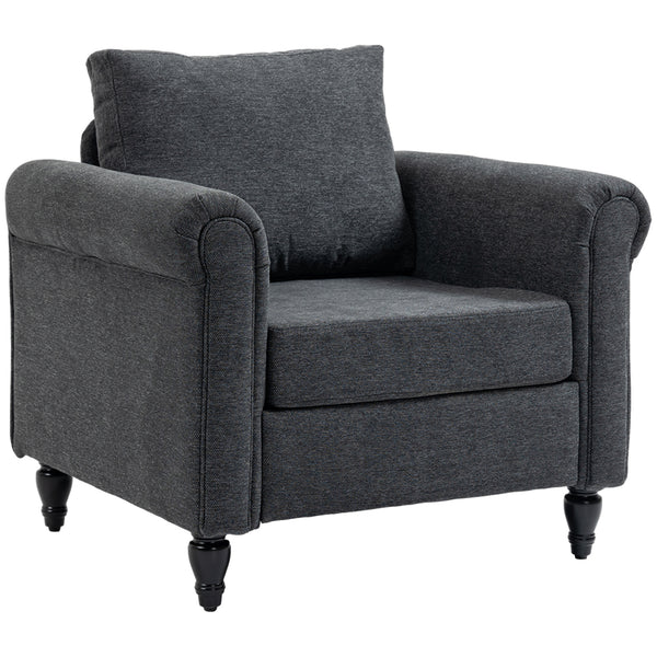 Vintage upholstered armchair with rolled armrests and rubberwood legs, dark gray