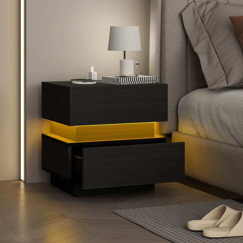 Bedside table with charging station and black LED lighting