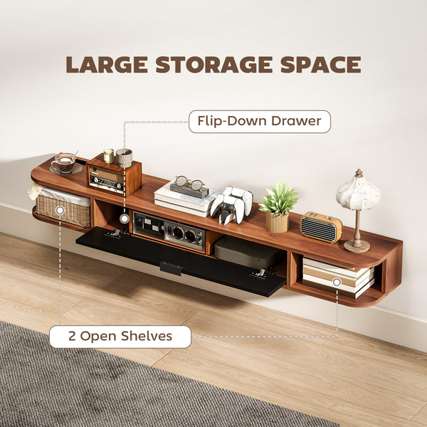 Floating wall-mounted TV unit for TVs up to 60 inches, with a drop-down drawer and 2 open shelves, walnut finish.