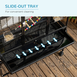 Bird Cage with Wheels, Perches, Ramp, Storage Shelf, Toys for Canaries, Finches, Cockatiels and Parakeets, Black