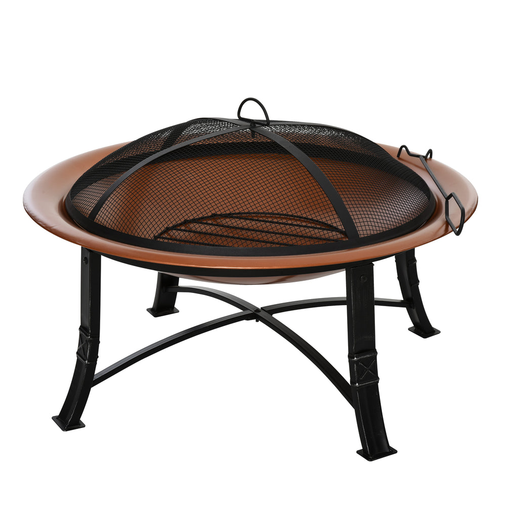 30" Round Outdoor Fire Pit with Lid, Log Grate and Poker for Backyard, Camping, Picnic, Bronze