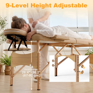 Professional 9-level adjustable folding massage table with accessories – Light brown