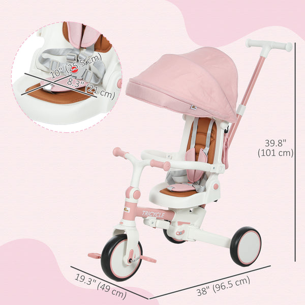 7 in 1 Tricycle with Safety Harness, Adjustable and Removable Parental Handle, Pink