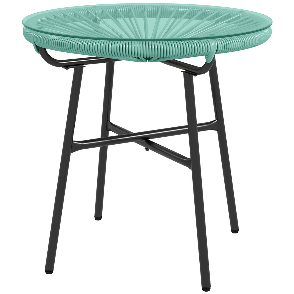 Rattan Side Table, Round Outdoor Table, with Round PE Rattan and Tempered Glass Table Top for Patio, Garden, Light Green