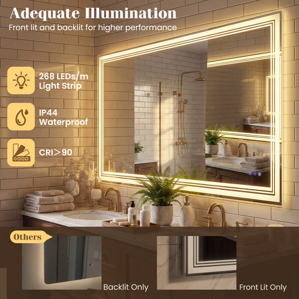 Miroir de salle de bain LED 48" x 28" avec éclairage frontal et éclairage arrière