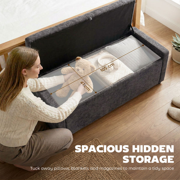 Storage bench ottoman with linen-look fabric upholstery, wide padded seat, dark grey