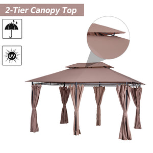 10' x 13' Patio Gazebo, Outdoor 2-Tiers Garden Canopy Yard Sunshade Shelter with Curtains, Khaki
