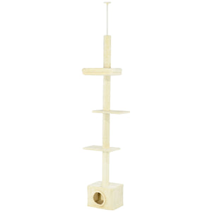 Floor-to-ceiling cat tree with scratching post, house and bed, beige