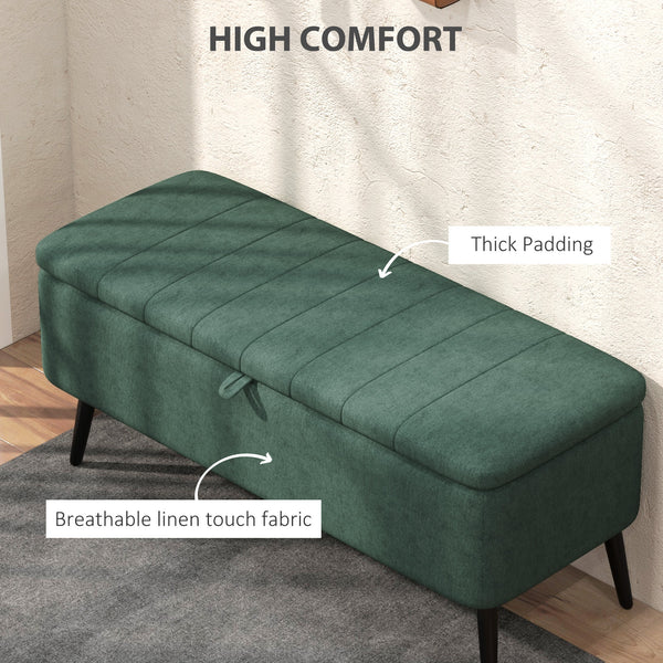 Linen Upholstered Storage Pouf with Steel Legs, Dark Green