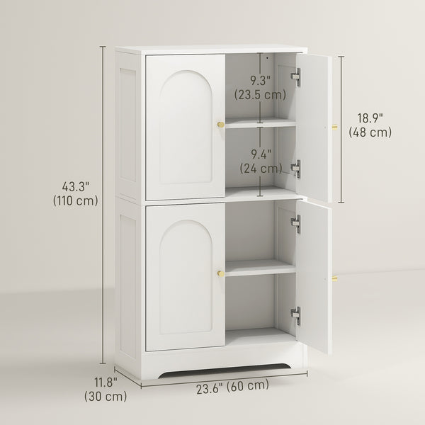 Modern, freestanding storage unit with 4 arched doors and 2 adjustable shelves, white