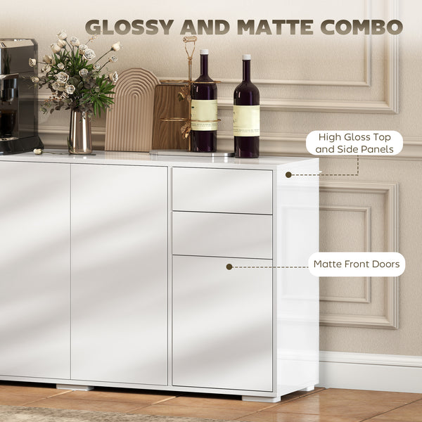 Modern kitchen buffet with push-to-open mechanism, 2 drawers, and shelves, white.