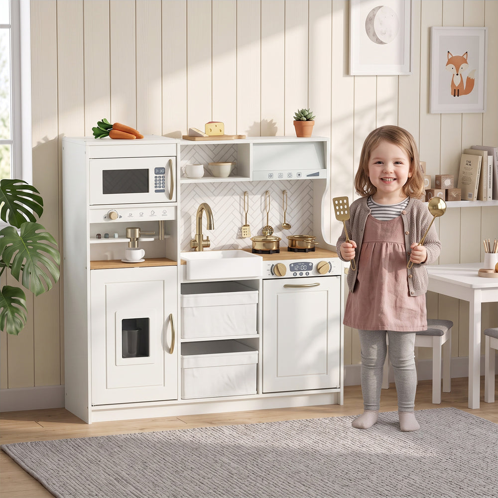 Children's play kitchen with coffee machine, ice dispenser and storage, white
