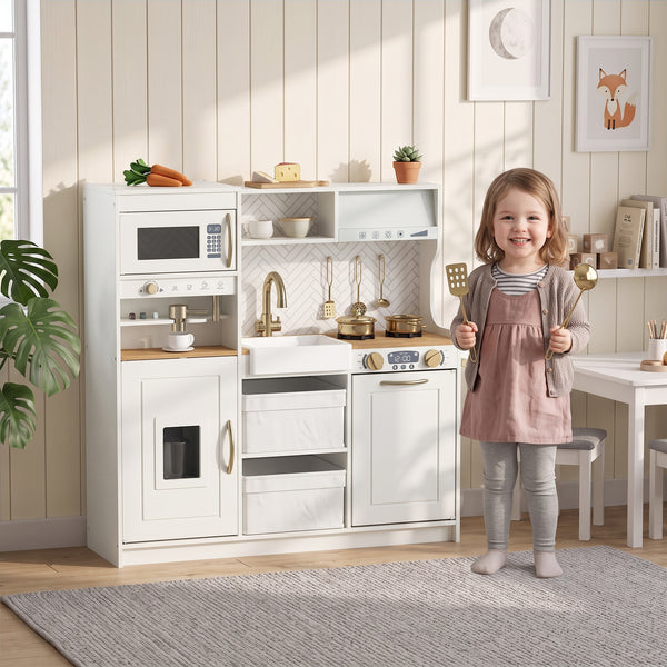 Children's play kitchen with coffee machine, ice dispenser and storage, white