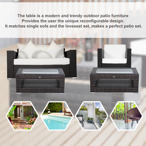 2-Tier Rattan Patio Coffee Table Outdoor Side Table PE Wicker Patio Garden Tea End Desk with Tempered Glass Top & Storage for Balcony, Backyard, Poolside