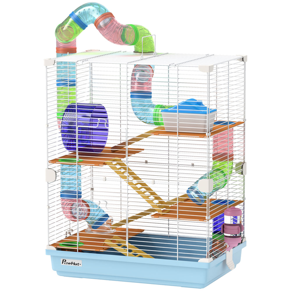 5-Level Portable Hamster Cage with Exercise Wheels, Play Tube, Water Bottle, Bowl, Ladder for Gerbils, Light Blue