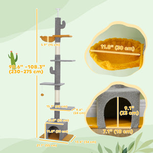 Cat tree with adjustable height from 229 to 274 cm, scratching posts, hammock, lounger and play ball, light gray