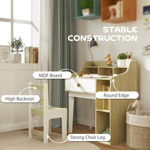 Desk and chair set with storage shelves and drawer, white