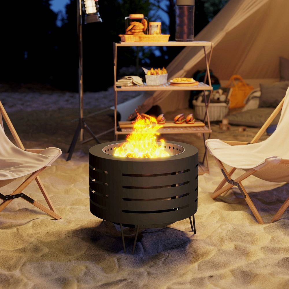 Portable Round Wood Burning Outdoor Fire Pit with Ash Tray and Hairpin Legs, Black