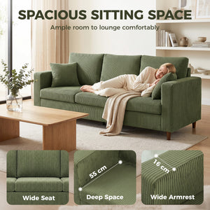 3-seater sofa with wide corduroy seat and deep seat, spring cushions, green