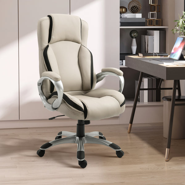 Ergonomic PU leather office chair, beige and black