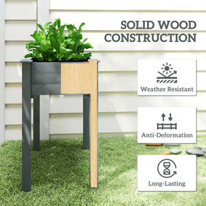 Raised wooden planter with legs, drainage holes and inner bag, dark grey