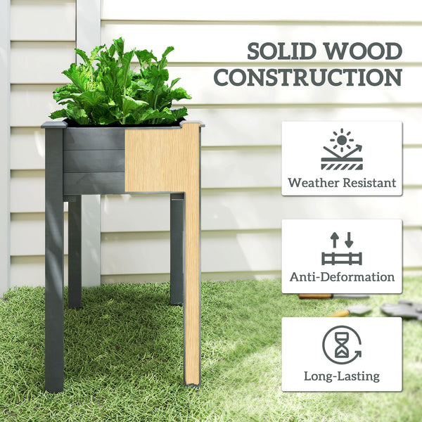 Raised wooden planter with legs, drainage holes and inner bag, dark grey