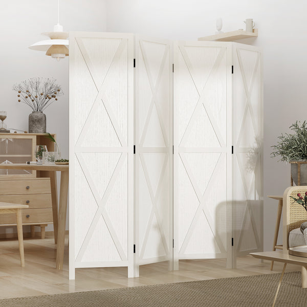 4-Panel Country Style Room Divider with Wooden Frame, White