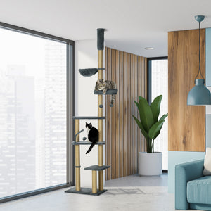 Cat tree, ceiling height 230 to 250 cm, with scratching post, hanging balls, platforms, bed and hammock, gray