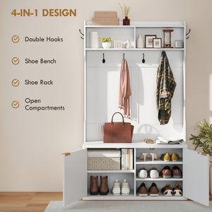 4-in-1 coat rack with integrated shoe bench and open shelf for entryway, white