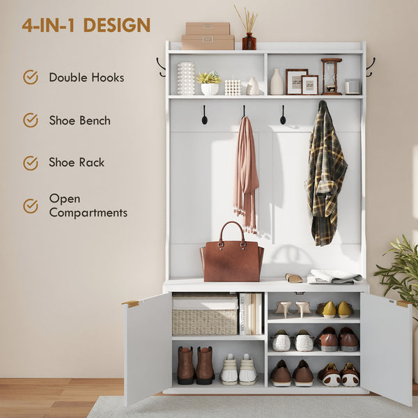 4-in-1 coat rack with integrated shoe bench and open shelf for entryway, white