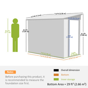 Lean-to metal garden shed with lockable door and ventilation, white