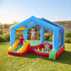 Château gonflable pour enfants, structure gonflable avec toboggan, piscine à balles, jeu de lancer d'anneaux, parasol et souffleur