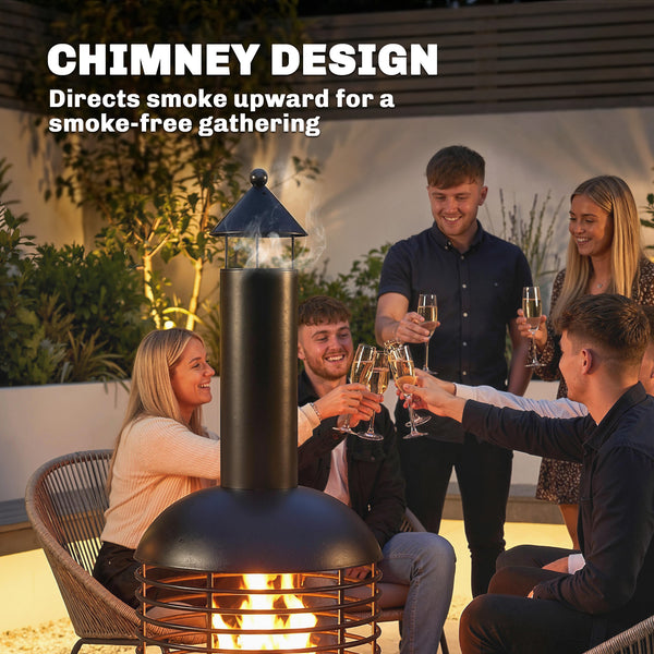 Wood-burning outdoor fireplace with poker, charcoal grate, modern design chimney, black