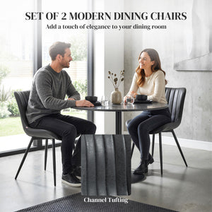 Set of 2 upholstered faux leather dining chairs with backrest and steel legs, black