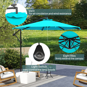 10-foot cantilever parasol with solar light and adjustable angle, turquoise