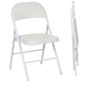 Set of 2 folding metal chairs with faux leather upholstery, white