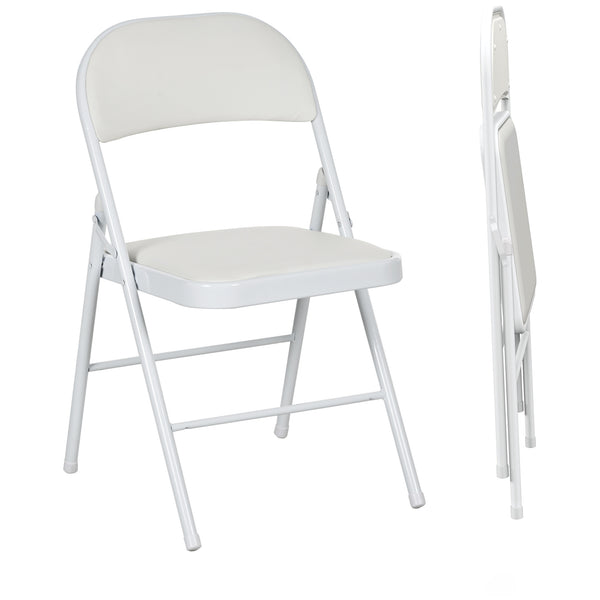 Set of 2 folding metal chairs with faux leather upholstery, white