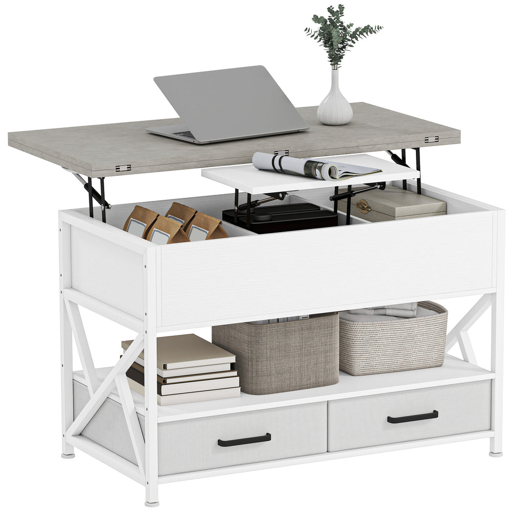 Lift-top coffee table with double adjustable surface, hidden storage, and 2 drawers – White and cement gray