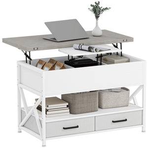 Lift-top coffee table with double adjustable surface, hidden storage, and 2 drawers – White and cement gray