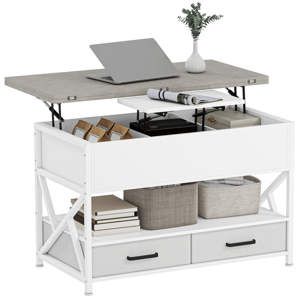 Lift-top coffee table with double adjustable surface, hidden storage, and 2 drawers – White and cement gray