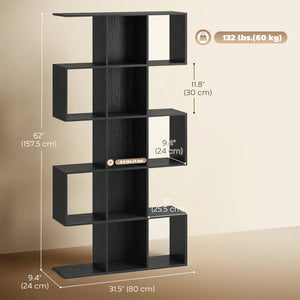5-tier S-shaped geometric bookshelf with 15 compartments, black wood look.