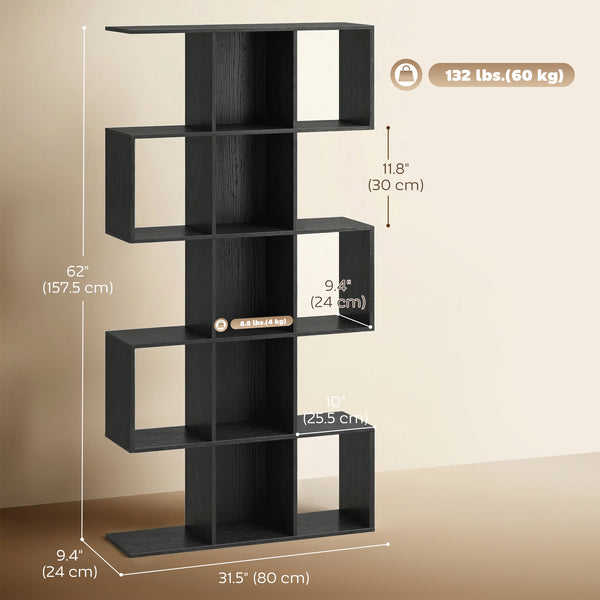 5-tier S-shaped geometric bookshelf with 15 compartments, black wood look.