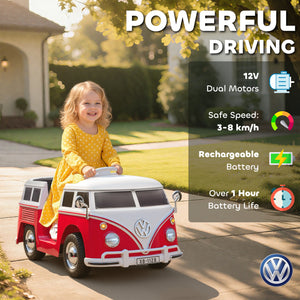 12V electric car, licensed Volkswagen T1, with dual motor and soft start, for ages 3-7, red.