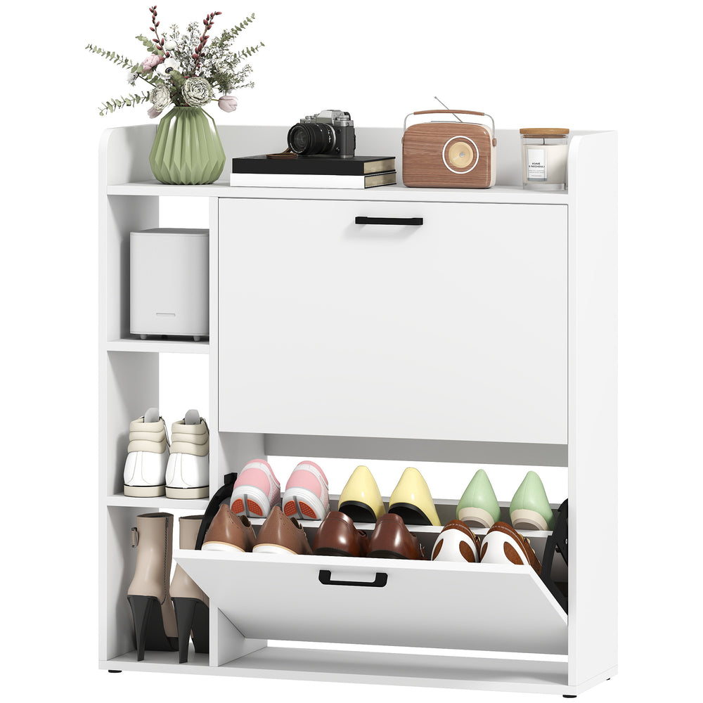 Narrow shoe cabinet with 2 tilt-out drawers and side storage, white