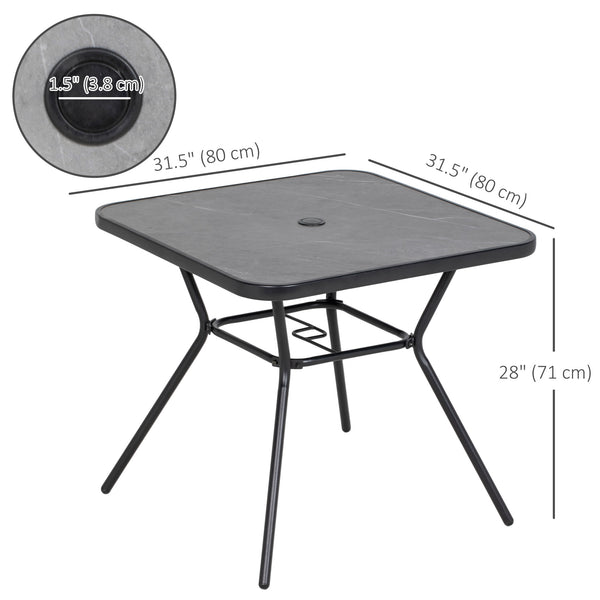 Square outdoor table with faux marble top and umbrella hole, dark gray