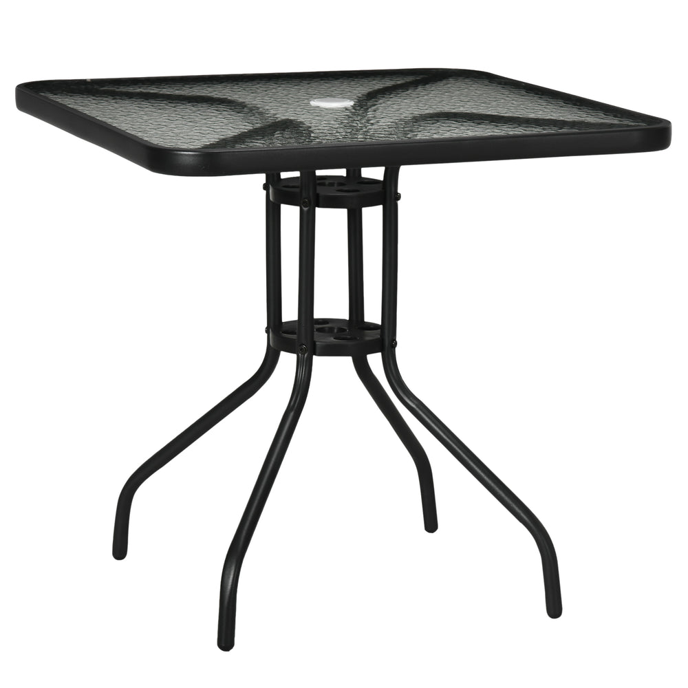 Square dining table with parasol hole and tempered glass top, black