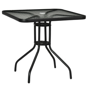 Square dining table with parasol hole and tempered glass top, black