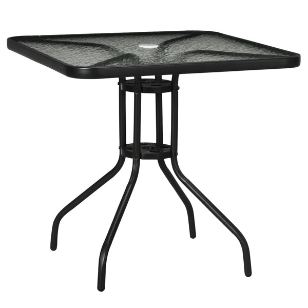 Square dining table with parasol hole and tempered glass top, black