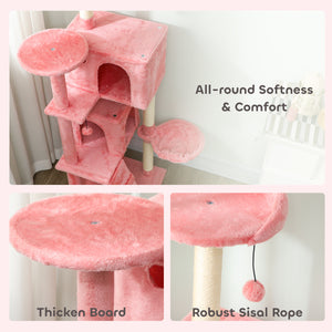 160cm Cat Tree with Sisal Scratching Posts, Cabins, Plush Perches, Hammock, Pink